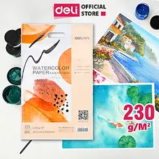 Giấy Vẽ Màu Nước Có Vân 20 Tờ 230gsm Khổ 16K 32K Chuyên Dụng Deli - 73917 / 73918